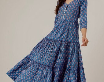 Pure cotton Tiered Dress  in floral Indigo  Hand block Print-Crochet lace-V-Neck Casual-Occasional Summer dress-Bohemian-Sustainable