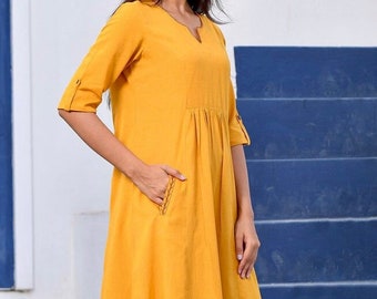 Cotton linen blend handloom fabric Midi dress- hand embroidered-Yellow-A-line Calf length-Pocket-Sustainable Handmade Holiday Summer dress