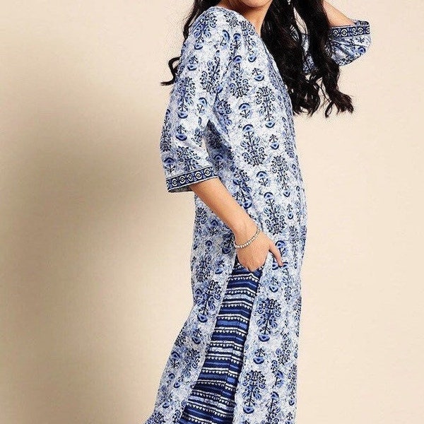 Indigo Blue Block print Kurta and parallel pant set in Pure Cotton- casual women’s suit-Comfy Summer Co-ordinate-Sustainable