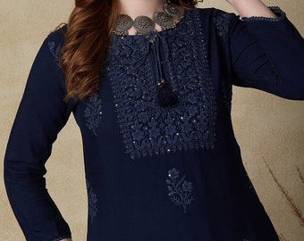 Chikankari Kurta-Embroidered Sequins work long Tunic/Crochet Lace-Ethnic Indian-Viscose Rayon-Casual-Occasional-Sustainable