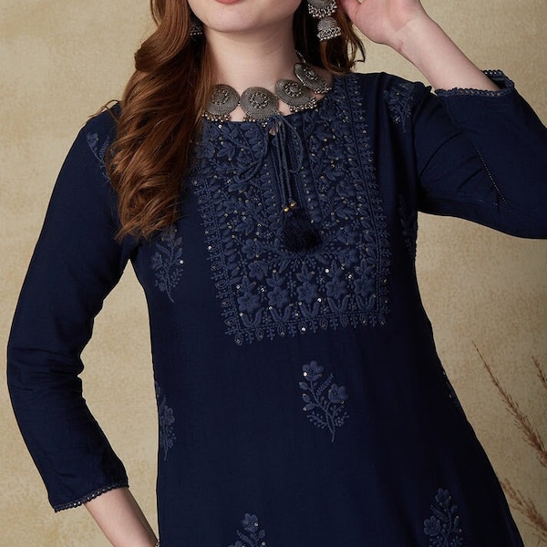 Chikankari Kurta-Embroidered Sequins work long Tunic/Crochet Lace-Ethnic Indian-Viscose Rayon-Casual-Occasional-Sustainable