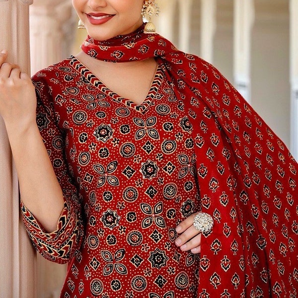 Straight Kurta set in Ajrakh Block print Pure Cotton-Red Ethnic Indian Salwar Suit-V-Neck Kurta-Pant-Dupatta-Casual-Occasional-sustainable