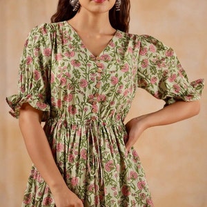 Hand Block print Midi dress In Pure Cotton-Green-Pink-V-Neck-tie up waist-Casual-occasional-Vintage vibe-Bohemian-Indian summer dress