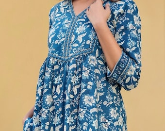 Floral Hand block Print Kurti-Pure Cotton-Women’s Kurta-Indian Tunic-Vintage Blue Summer Blouse-casual-Occasional-Holiday-Sustainable