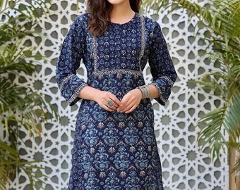 Block print pure cotton straight kurta-Indian Tunic-Ethnic print-Women’s Blue floral Kurta-top-Autumn-Summer-casual-Occasional-Sustainable