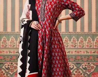 Maroon Anarkali Kurta Pant Dupatta Set-Pure cotton-Hand Block Print-Fine Aari Embroidered,Silver Gota-Indian Ethnic Dress-Festive-Eid