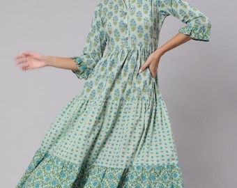 Tiered Long Dress in Mix & match floral Ethnic Prints in Pure Cotton-Band collar neckline-Green Summer-Holiday Dress-Ethical-Sustainable