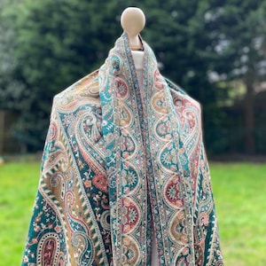 Kalamkari Kani Shawl-Intricate woven vintage Paisley Persian pattern-Green Luxury  wool shawl -Winter Wrap-107x214cm-wedding -Gift for her