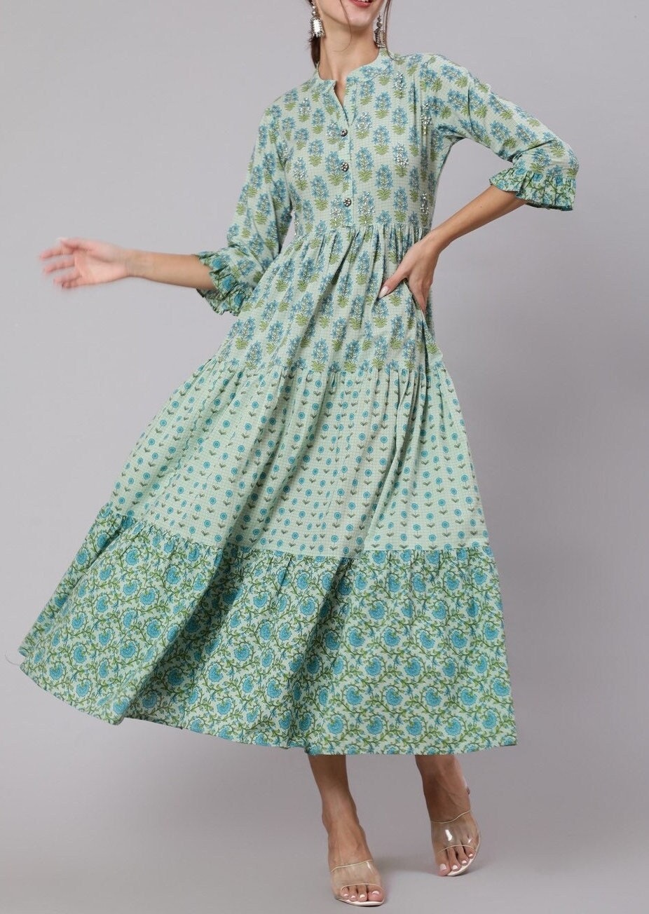 Buy Teen Girls Green Printed Art Silk Cotton Gown Party Wear Online at Best  Price | Cbazaar