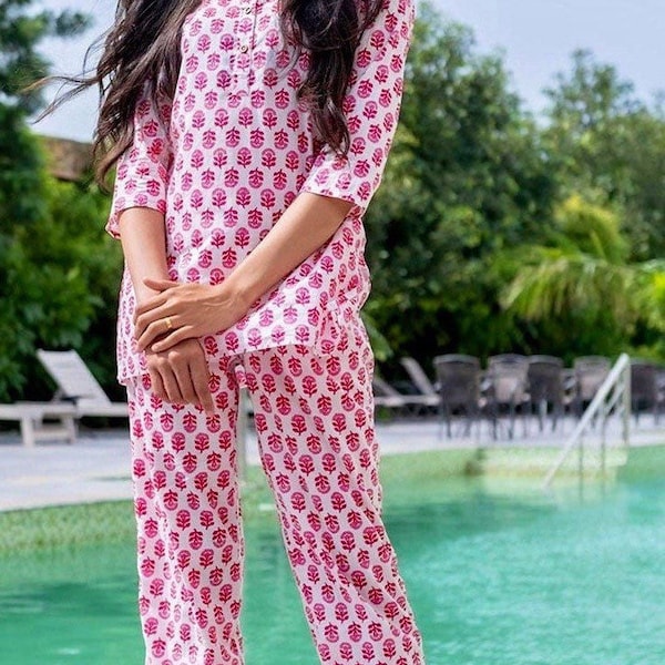 Floral Block print Pyjamas set-Tunic organic soft cotton women’s pjs-Pink/peach Summer-Holiday lounge wear-sleepwear-Comfy-Sustainable