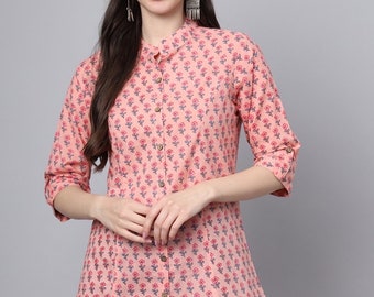 Block Print Tunic/Kurti in Pure Cotton-Peach Pink-collar-Ethnic print Women’s Kurta-Tunic top-Summer-casual-Occasional-sustainable