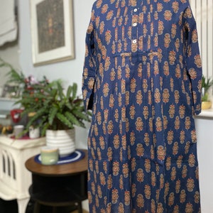 Robe chemise longue tunique indienne-Imprimé ethnique block-Pur coton-Bleu-Poches-A-ligne casual-Vacances-Robe d'été-vibe vintage-Bohème-Éthique image 7