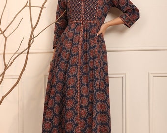 Block Print Maxi dress-Pure cotton-Deep Blue-Maroon-Layered jacket look Ethnic Indian dress-Anarkali Kurta-sustainable-Occasional