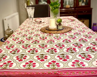 Hand screen printed Table cloth and Napkins set In Pure Cotton-Heritage floral Block Print-Festive Table Linen-Housewarming-Christmas Gift