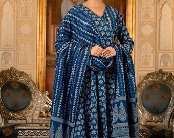 Hand Block print Anarkali Angrakha style Kurta/Dress-pant-Dupatta set in Pure cotton-Indigo Blue-Ethnic Indian-Casual-Occasional-Sustainable