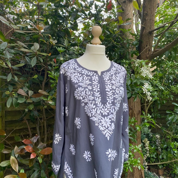 Hand Embroided Tunic-Chikankari Kurti-Grey Spring Summer Top in medium weight Viscose Rayon-casual-Occasional-sustainable