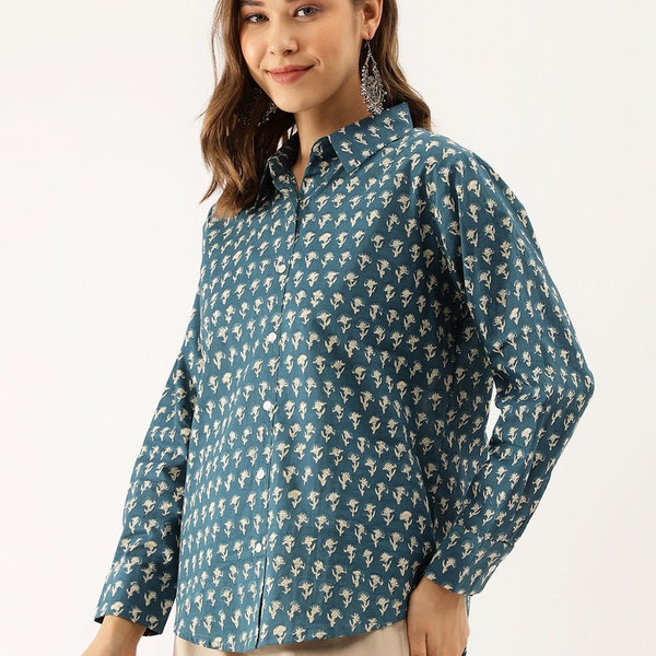 Chemise imprimée main bloc-Motif ethnique bleu turquoise pour femme décontractée-Chemise formelle en pur coton-Manches complètes-Boutons sur le devant-durable-Éthique