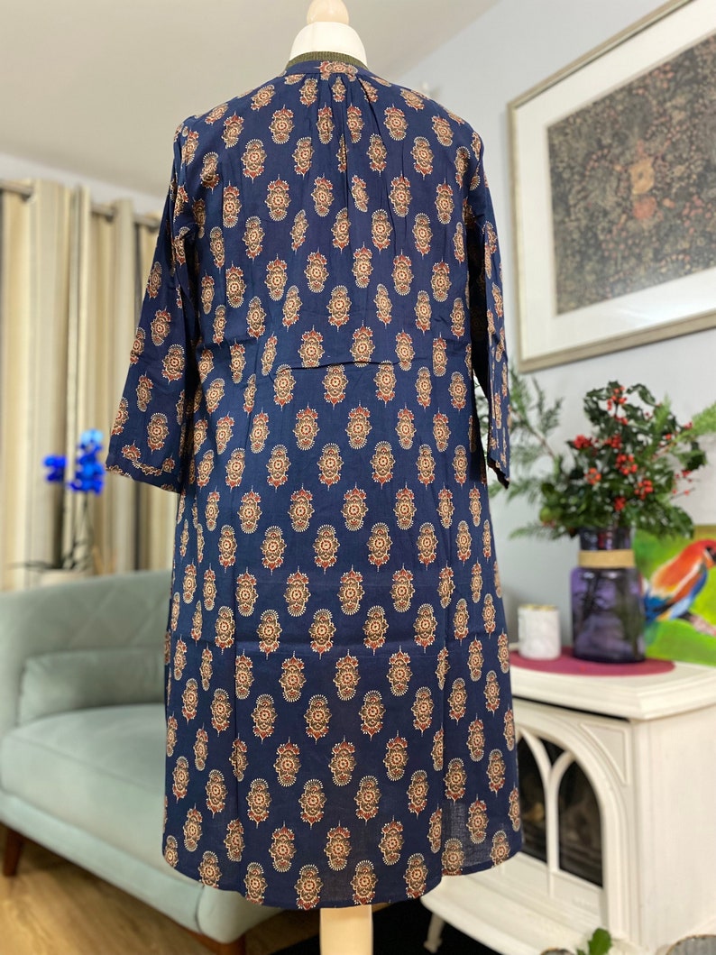 Robe chemise longue tunique indienne-Imprimé ethnique block-Pur coton-Bleu-Poches-A-ligne casual-Vacances-Robe d'été-vibe vintage-Bohème-Éthique image 9