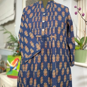 Robe chemise longue tunique indienne-Imprimé ethnique block-Pur coton-Bleu-Poches-A-ligne casual-Vacances-Robe d'été-vibe vintage-Bohème-Éthique image 3