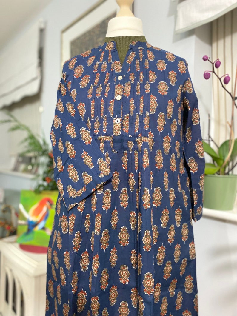 Robe chemise longue tunique indienne-Imprimé ethnique block-Pur coton-Bleu-Poches-A-ligne casual-Vacances-Robe d'été-vibe vintage-Bohème-Éthique image 3