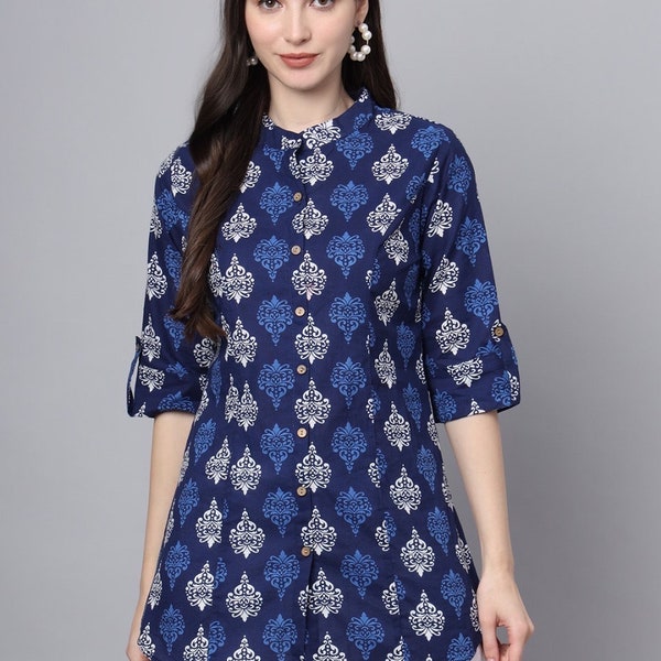 Block Print Tunic/Kurti in Pure Cotton-Blue-white-Ethnic print-Collar-Women’s Kurta-Tunic top-Summer-casual-Occasional-sustainable