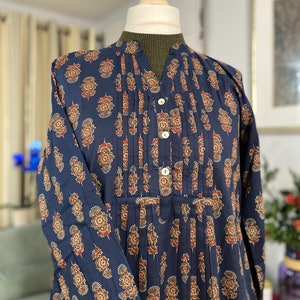 Robe chemise longue tunique indienne-Imprimé ethnique block-Pur coton-Bleu-Poches-A-ligne casual-Vacances-Robe d'été-vibe vintage-Bohème-Éthique image 1