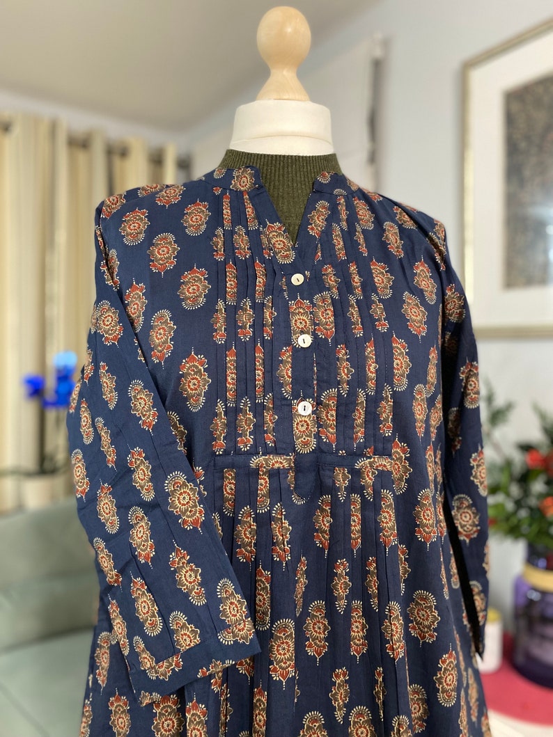 Robe chemise longue tunique indienne-Imprimé ethnique block-Pur coton-Bleu-Poches-A-ligne casual-Vacances-Robe d'été-vibe vintage-Bohème-Éthique image 1