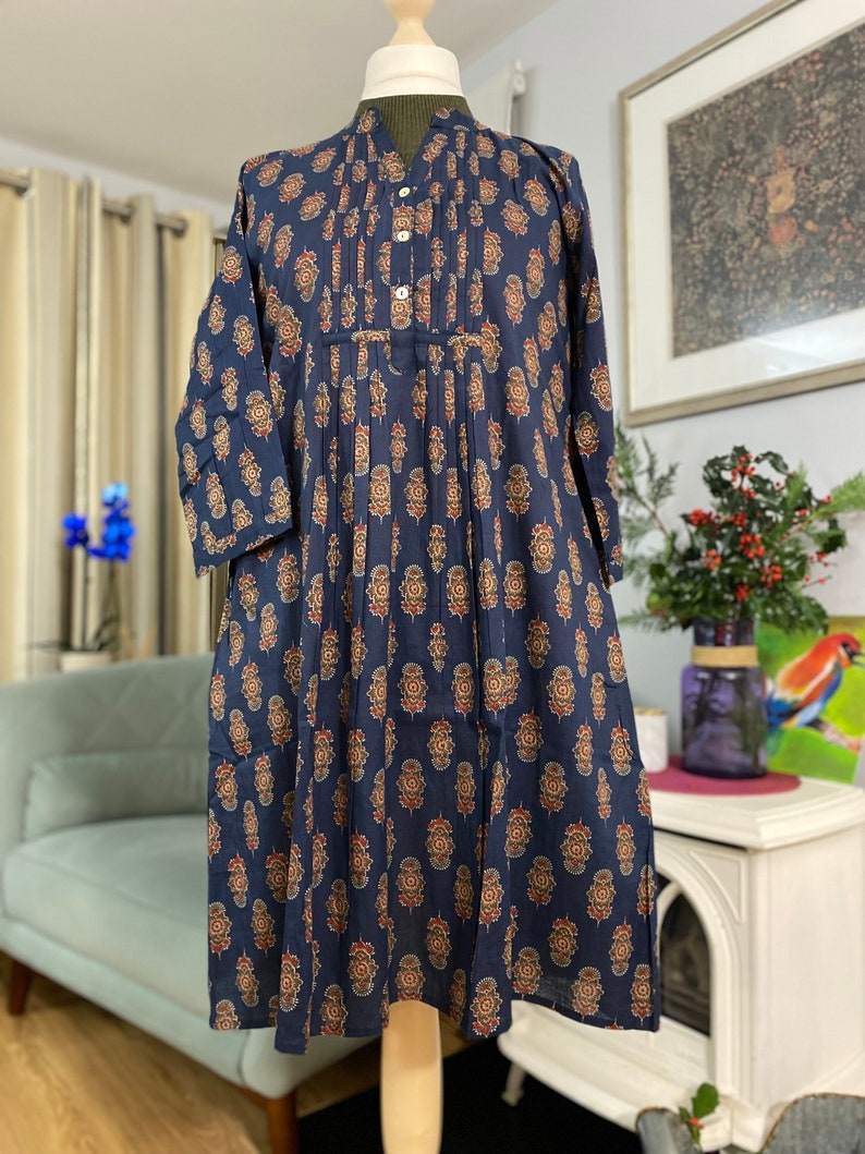 Robe chemise longue tunique indienne-Imprimé ethnique block-Pur coton-Bleu-Poches-A-ligne casual-Vacances-Robe d'été-vibe vintage-Bohème-Éthique image 2
