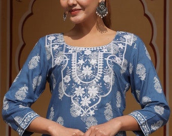 Embroidered Kurta-block print Ethnic Long Tunic-Blue-White-Sustainable-Casual-Festive-Occasional- Indian Summer Tunic