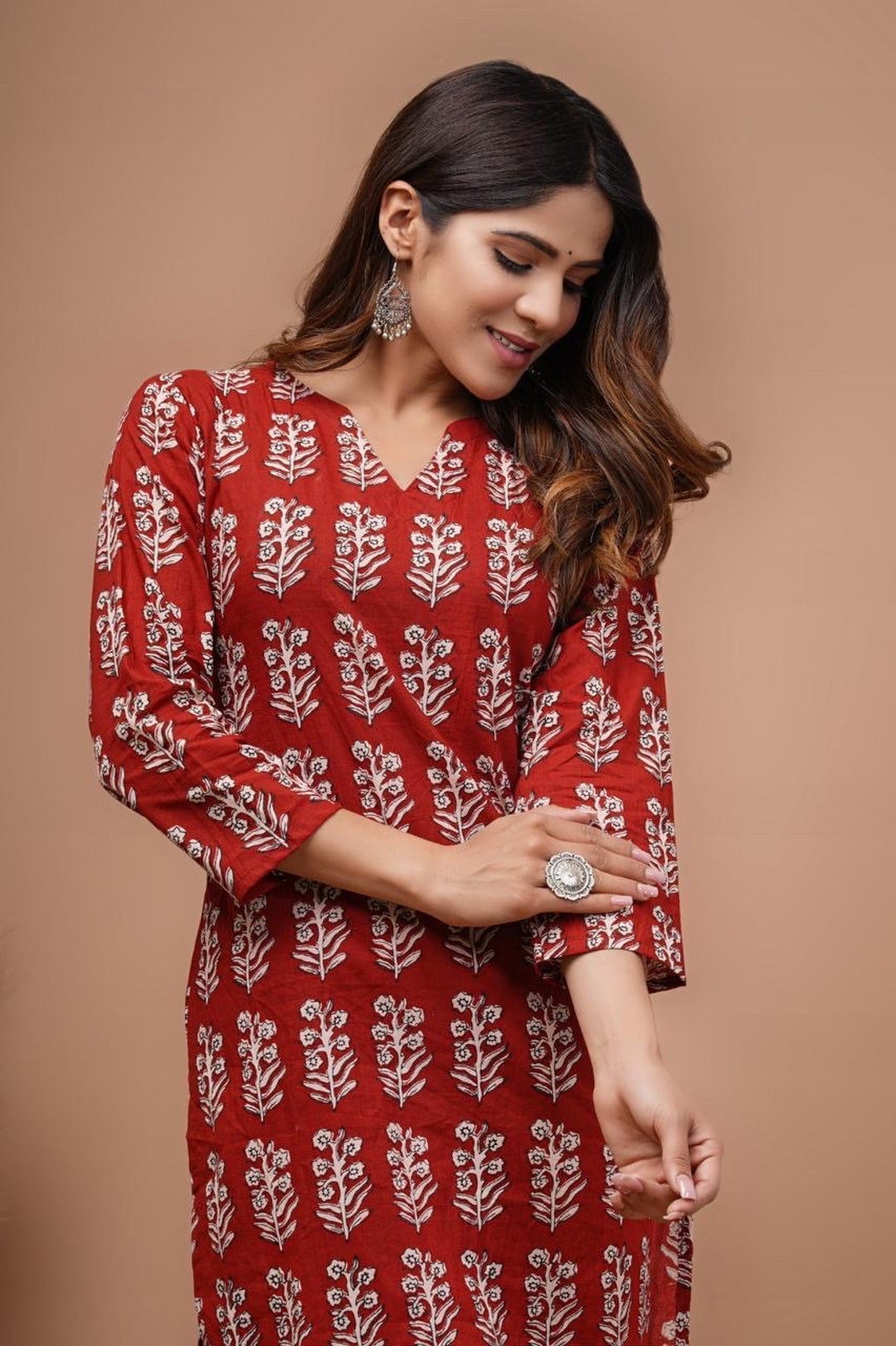Indigo and Red Cotton Block Print  Aastey Tunic