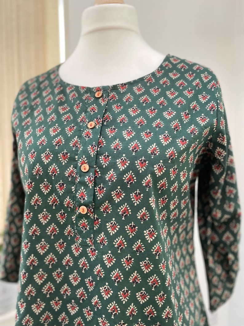 Handblockdruck Tunika-Kurti aus reiner Baumwolle-Grüne kleine florale Rundhalsbluse-lässig-Indischer Ethno-Druck-nachhaltig-Urlaub Bild 8