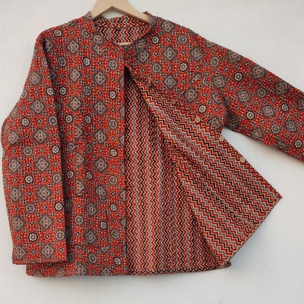 Veste en coton matelassée réversible rouge brique vintage - Poches ethniques imprimées - Manches complètes-Automne hiver-Cadeau de Noël durable