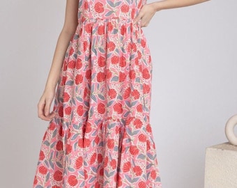 Pink Floral Hand block print dress in pure cotton.Women’s-Girls Summer dress with wide straps-3 tier,comfy-Holiday-ethical fashion-