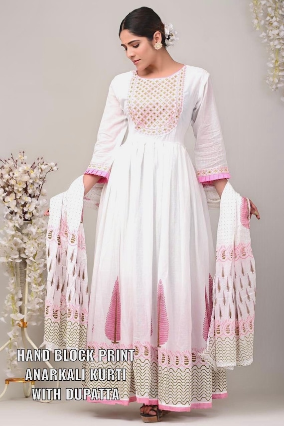 Printed Cotton Silk Anarkali Suit in Off White : KJN3577