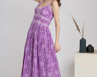 Sun dress in pink, purple and green-Midaxi-Block print Long slip dress with crossover V neck border.