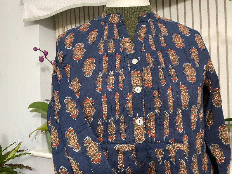 Robe chemise longue tunique indienne-Imprimé ethnique block-Pur coton-Bleu-Poches-A-ligne casual-Vacances-Robe d'été-vibe vintage-Bohème-Éthique image 5
