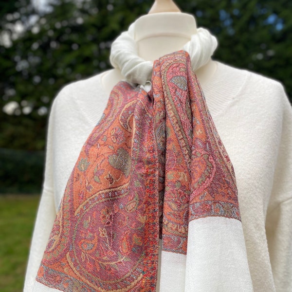 Pashmina Stole-ultra Light soft wool scarf-Kani weave paisley border-white small Shawl-30x80 inch-Wedding-Bridal-Mother's Day Gift for her