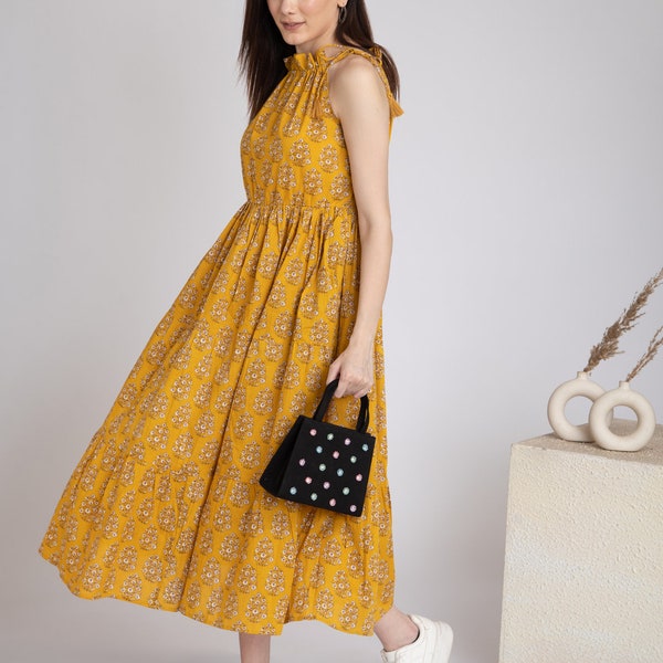 Tiered Dress-Hand Block print Midaxi in Yellow Pure cotton -Adjustable Halter neck-elasticated waist-Pocket-Summer Holiday Dress