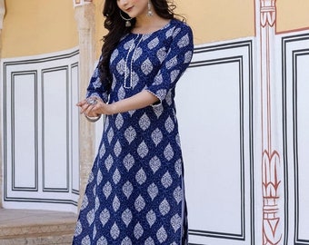 Longue tunique ethnique longue à imprimé kurta en tissu de pur coton avec point kantha machine-Bleu-Blanc-Durable-Décontracté-Occasionnel- Été