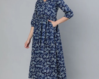 Hand block print floral Pure cotton Midi dress-V-Neck-Blue-White-sustainable Indian Summer-Holiday Dress