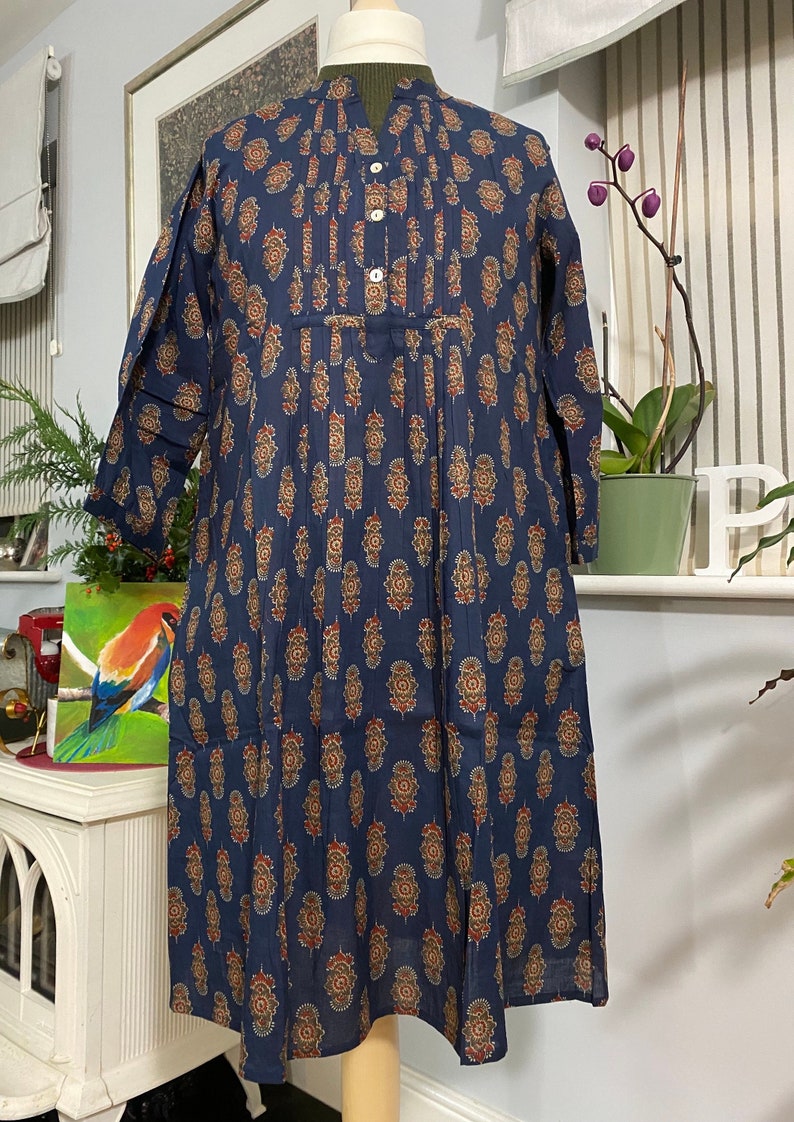 Robe chemise longue tunique indienne-Imprimé ethnique block-Pur coton-Bleu-Poches-A-ligne casual-Vacances-Robe d'été-vibe vintage-Bohème-Éthique image 4