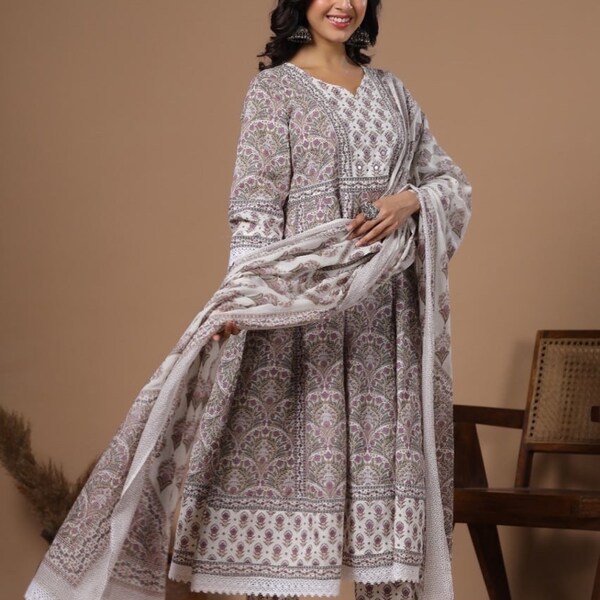 Anarkali Kurta Set-Pure Cotton-Hand block Floral Print-Lilac-White-Cotton lace-Indian dress-Suit-Casual-Occasional-Spring Summer-Sustainable