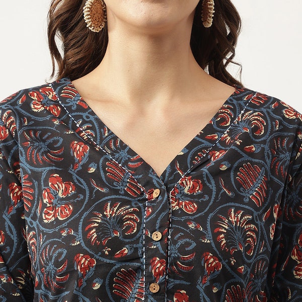 Túnica con estampado de bloques de mano/ Kurti en puro algodón-negro rojo estampado étnico Kurta-Otoño-casual-Ocasional V-Cuello-Blusa india-sostenible