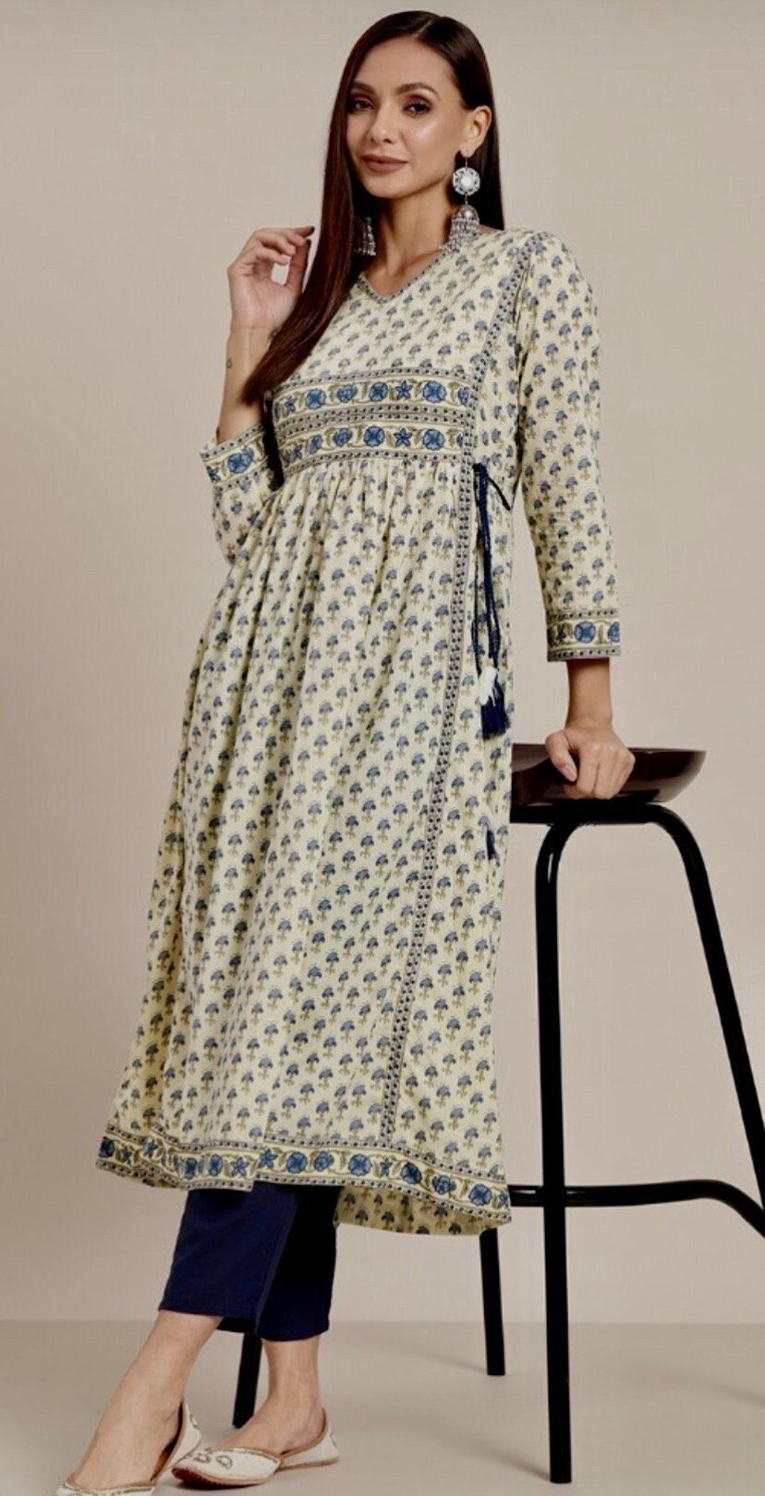 Hand Block Print Midi Dress in Pure Cottoncreambluevnecktie up Waistcasualoccasional