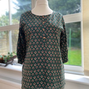 Handblockdruck Tunika-Kurti aus reiner Baumwolle-Grüne kleine florale Rundhalsbluse-lässig-Indischer Ethno-Druck-nachhaltig-Urlaub Bild 7