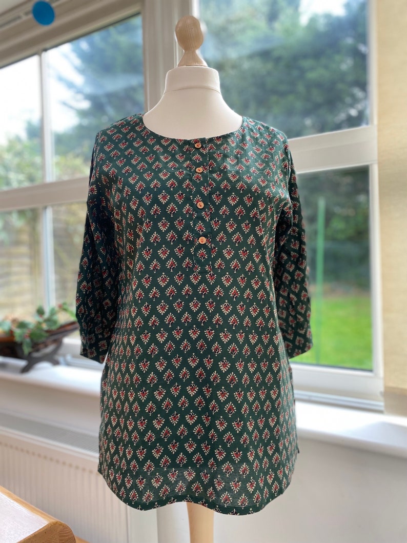 Handblockdruck Tunika-Kurti aus reiner Baumwolle-Grüne kleine florale Rundhalsbluse-lässig-Indischer Ethno-Druck-nachhaltig-Urlaub Bild 7