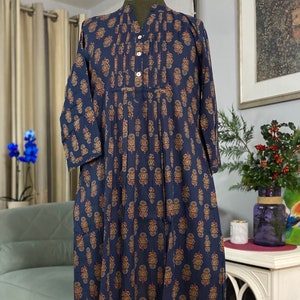 Robe chemise longue tunique indienne-Imprimé ethnique block-Pur coton-Bleu-Poches-A-ligne casual-Vacances-Robe d'été-vibe vintage-Bohème-Éthique image 10
