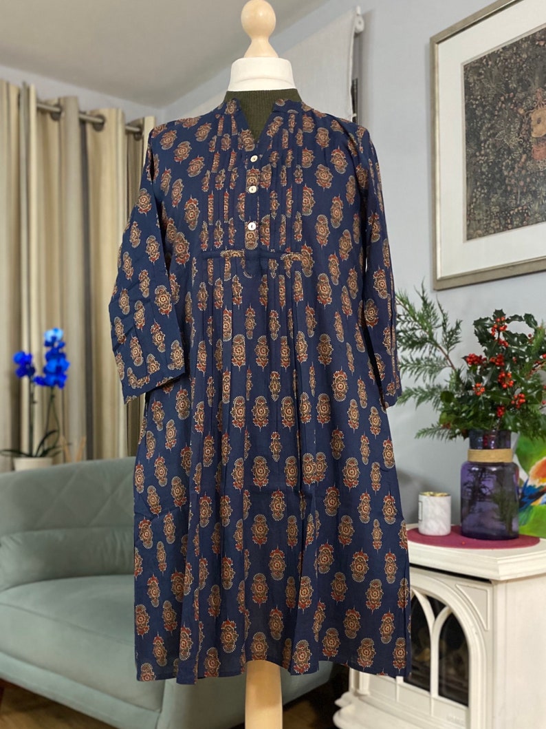Robe chemise longue tunique indienne-Imprimé ethnique block-Pur coton-Bleu-Poches-A-ligne casual-Vacances-Robe d'été-vibe vintage-Bohème-Éthique image 10