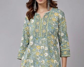 Hand Block Print Tunic-Summer Kurti-Pure Cotton-Floral Round neck with Border & Light sequins-sustainable-Casual-Holiday-Mother’s Day gift