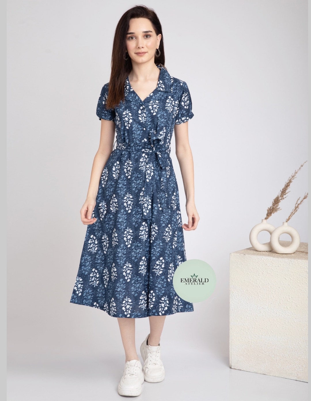 White Designer Cotton Midi Dress with Block Printed Over Coat main image 0